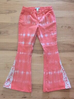 Gemma + Jane Coral Tie-Dye Boho Lace Trim Bell Botom Jeans